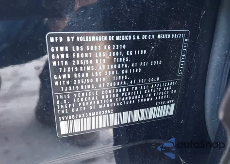 2022 Volkswagen Tiguan 2.0T Se R-Line Black из США, поврежденный, VIN 3VV8B7AX3NM003952